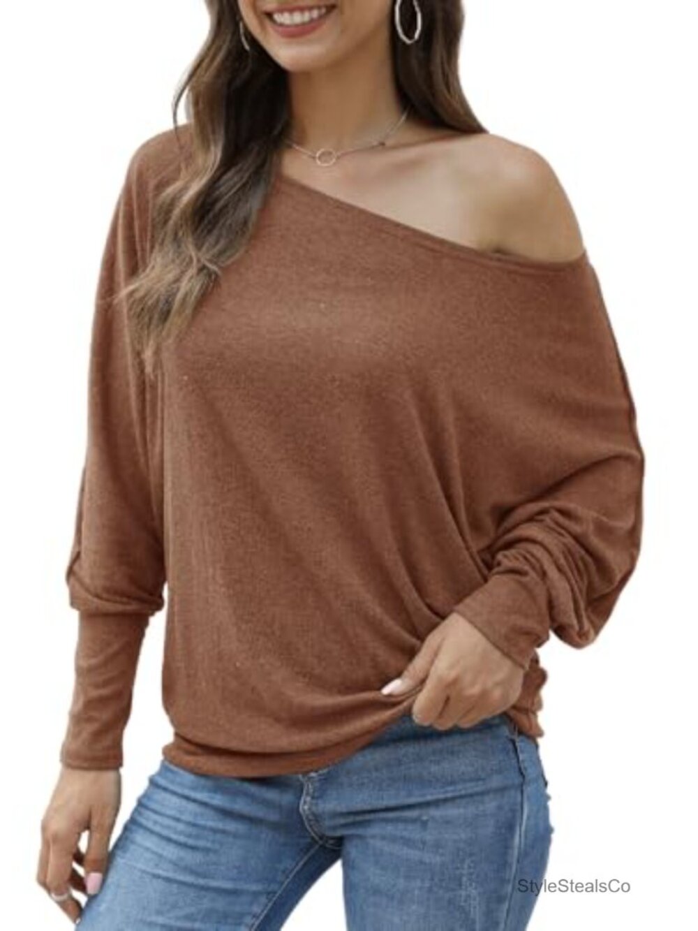 Aifer Off Shoulder Batwing Sleeve Oversized Tunic Top Casual Pullover